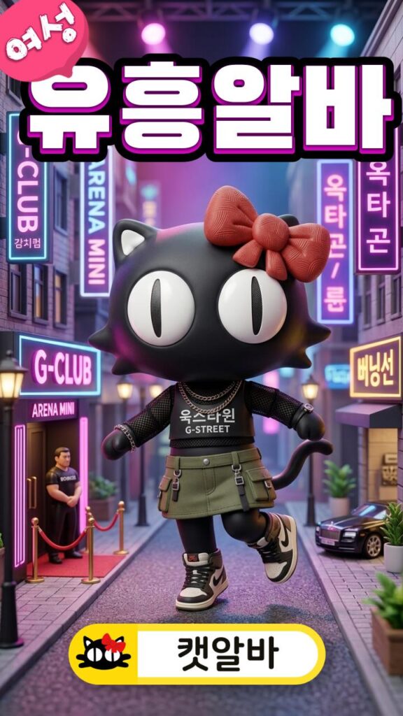 강남 미니어처 배경 무대에서 힙 패션을 입고 춤추는 캣알바 캐릭터