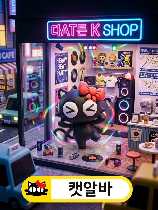 미친 비트에 맞춰 춤추는 선택된 캐릭터와 강남 밤알바 현장