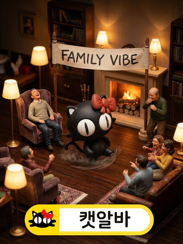 가족 같은 따뜻한 분위기에 신나서 춤추는 선택된 캐릭터